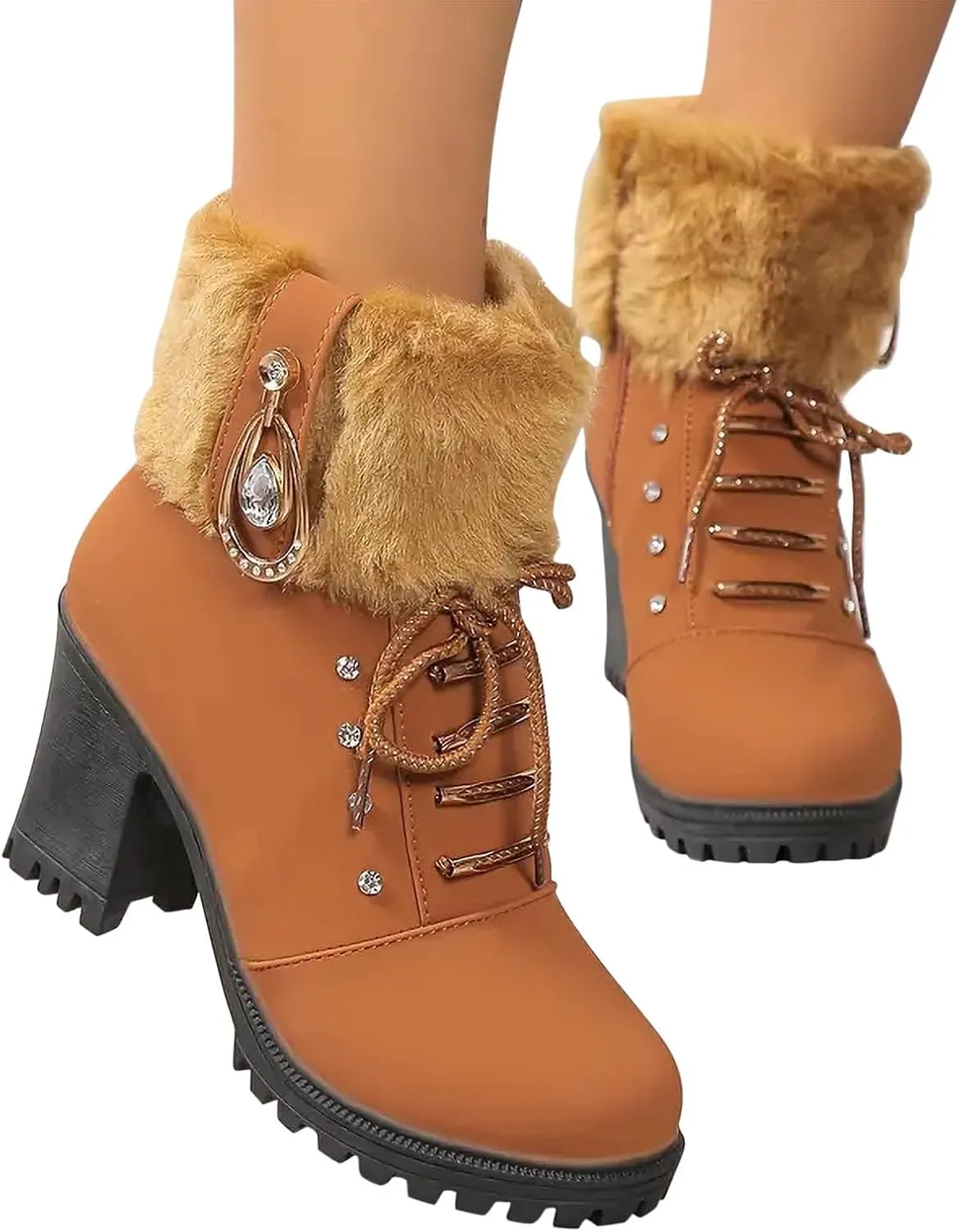 Women Winter Chunky Heel Ankle Boots, Casual Rhinestones Decor Shoes Warm Lined Lace Up Ankle Booties