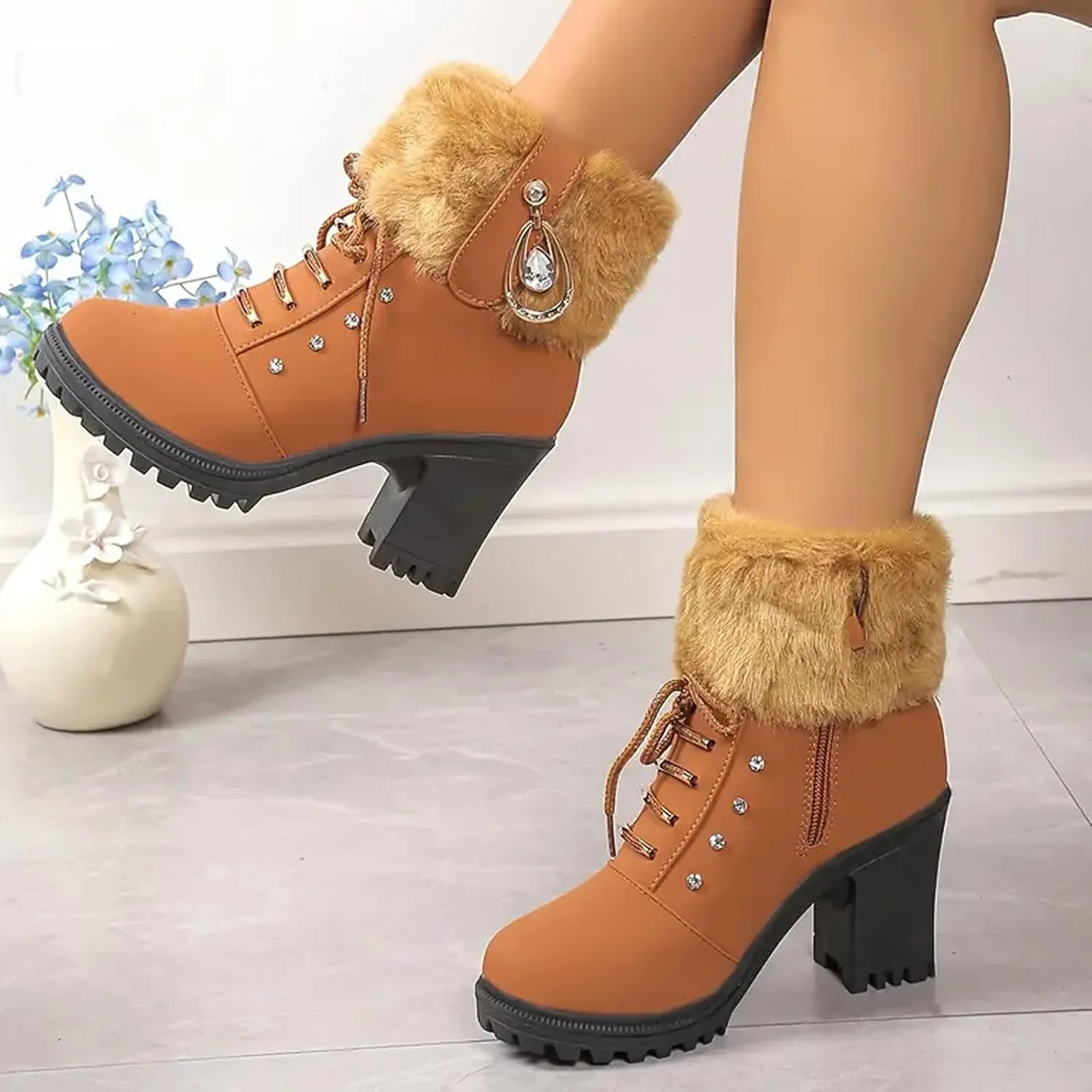 Women Winter Chunky Heel Ankle Boots, Casual Rhinestones Decor Shoes Warm Lined Lace Up Ankle Booties