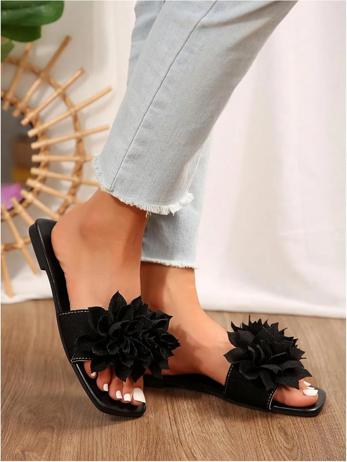 Women's 3D Floral Flat Sandals Dressy Square Open Toe Sandals Single Band Casual Slip on Slides