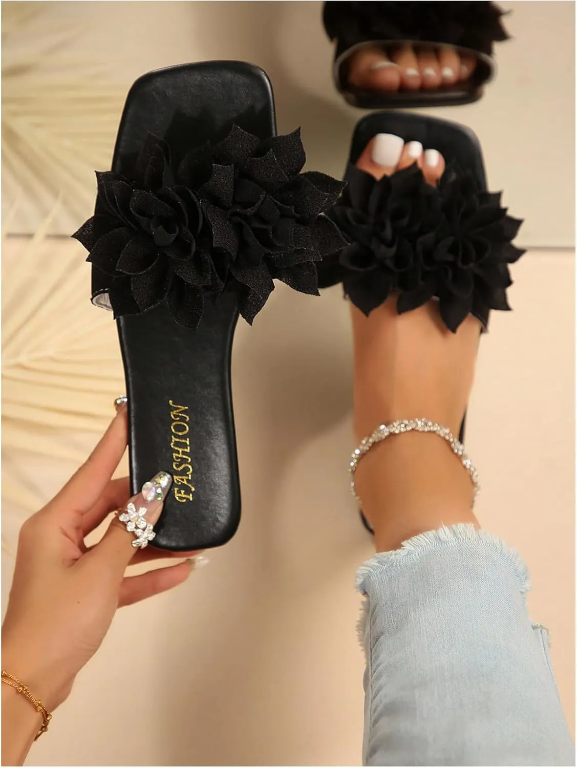 Women's 3D Floral Flat Sandals Dressy Square Open Toe Sandals Single Band Casual Slip on Slides