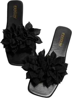 Women's 3D Floral Flat Sandals Dressy Square Open Toe Sandals Single Band Casual Slip on Slides