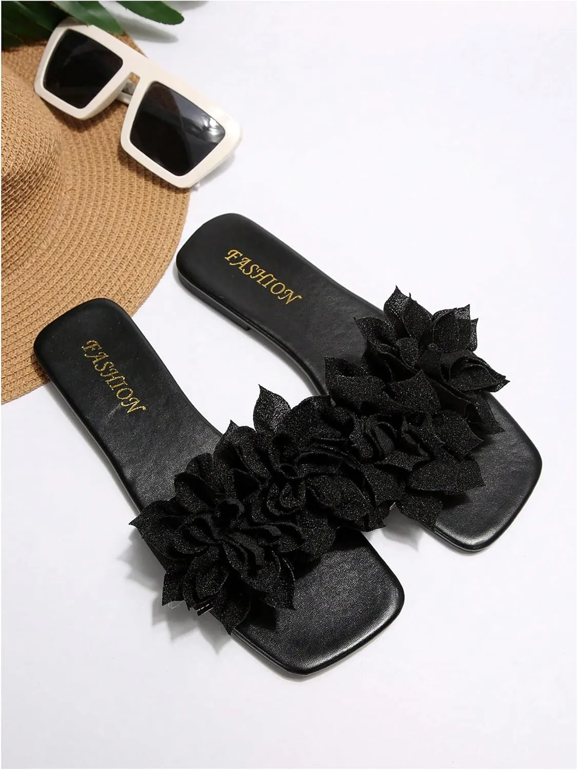 Women's 3D Floral Flat Sandals Dressy Square Open Toe Sandals Single Band Casual Slip on Slides