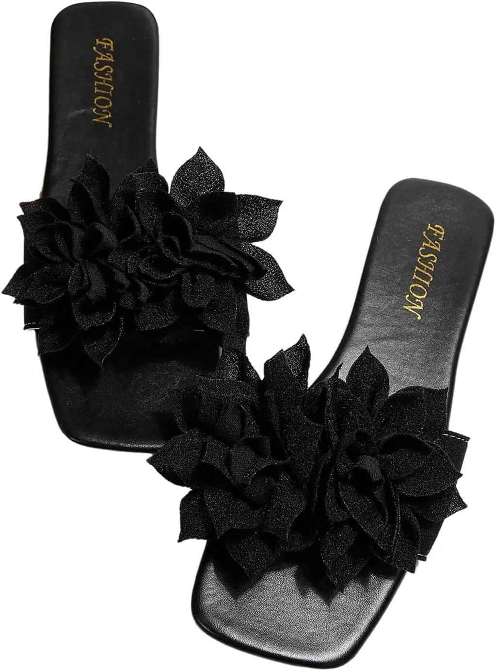 Women's 3D Floral Flat Sandals Dressy Square Open Toe Sandals Single Band Casual Slip on Slides