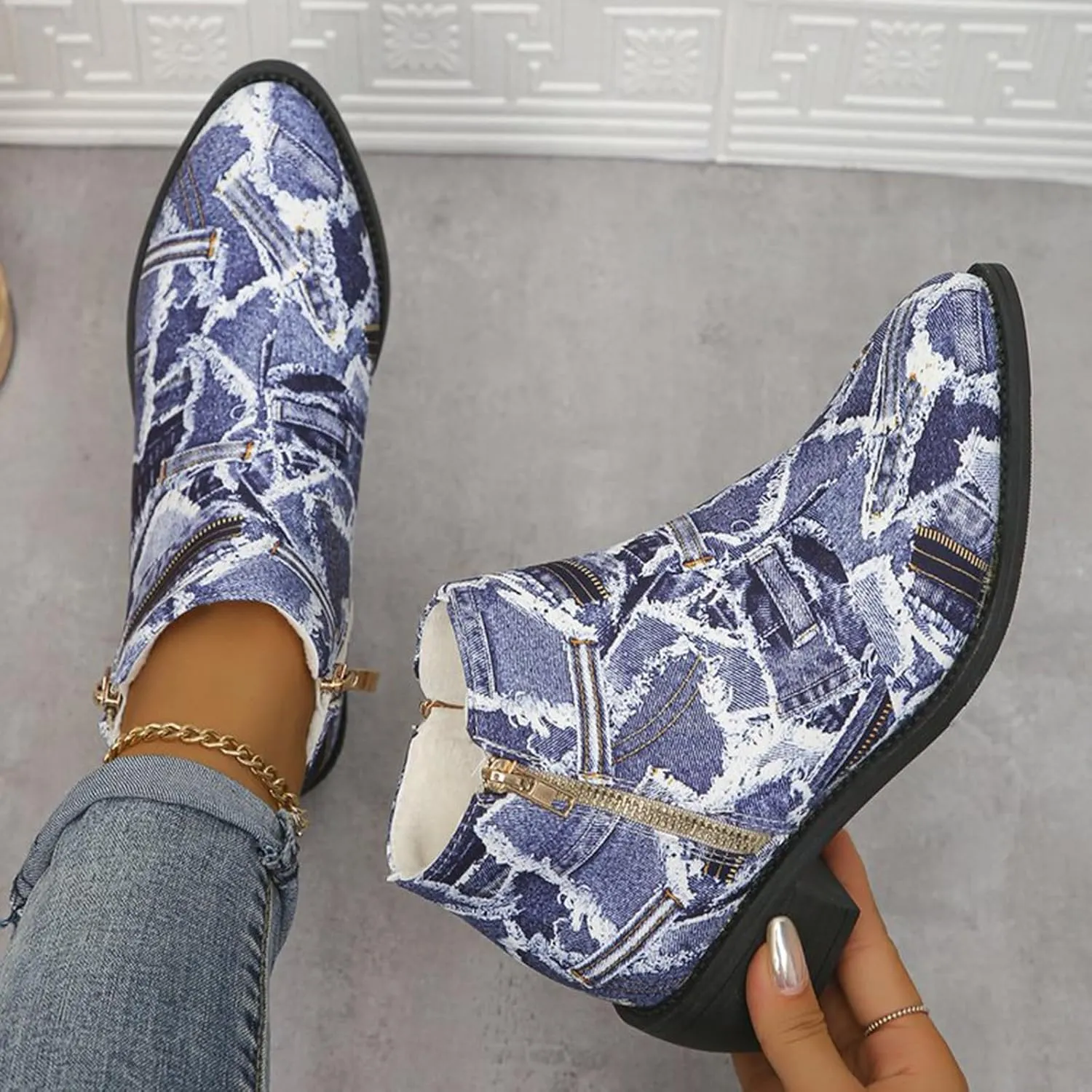 Women's Ankle Boot - Denim Ankle Boots for Women Western Vintage Zipper Pointe Toe Chunky Low Heel Booties Canvas Slip On Fashion Classic Short Boots Fall Winter Dress Shoes