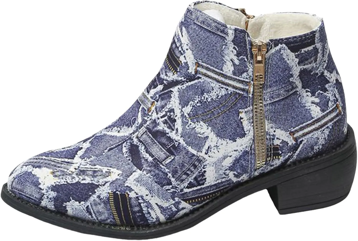 Women's Ankle Boot - Denim Ankle Boots for Women Western Vintage Zipper Pointe Toe Chunky Low Heel Booties Canvas Slip On Fashion Classic Short Boots Fall Winter Dress Shoes