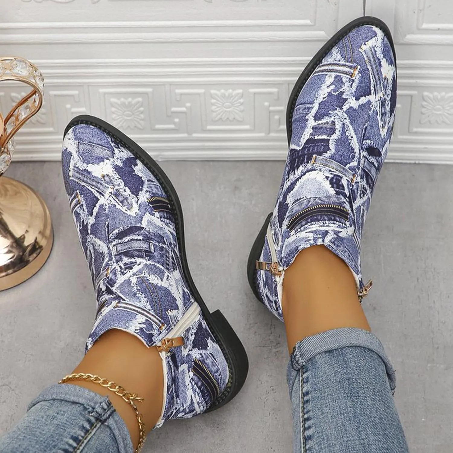 Women's Ankle Boot - Denim Ankle Boots for Women Western Vintage Zipper Pointe Toe Chunky Low Heel Booties Canvas Slip On Fashion Classic Short Boots Fall Winter Dress Shoes