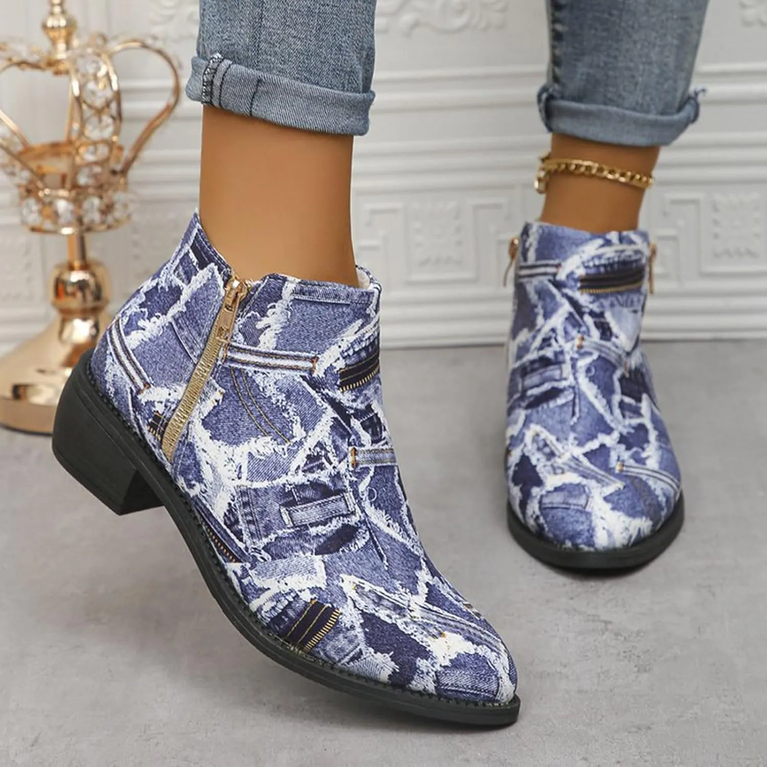 Women's Ankle Boot - Denim Ankle Boots for Women Western Vintage Zipper Pointe Toe Chunky Low Heel Booties Canvas Slip On Fashion Classic Short Boots Fall Winter Dress Shoes
