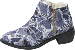 Women's Ankle Boot - Denim Ankle Boots for Women Western Vintage Zipper Pointe Toe Chunky Low Heel Booties Canvas Slip On Fashion Classic Short Boots Fall Winter Dress Shoes