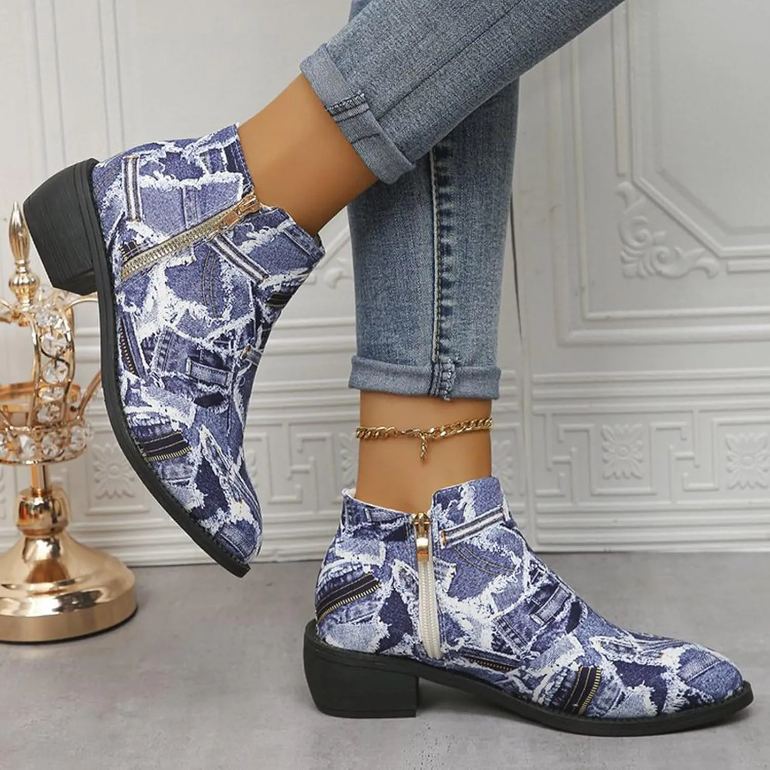 Women's Ankle Boot - Denim Ankle Boots for Women Western Vintage Zipper Pointe Toe Chunky Low Heel Booties Canvas Slip On Fashion Classic Short Boots Fall Winter Dress Shoes