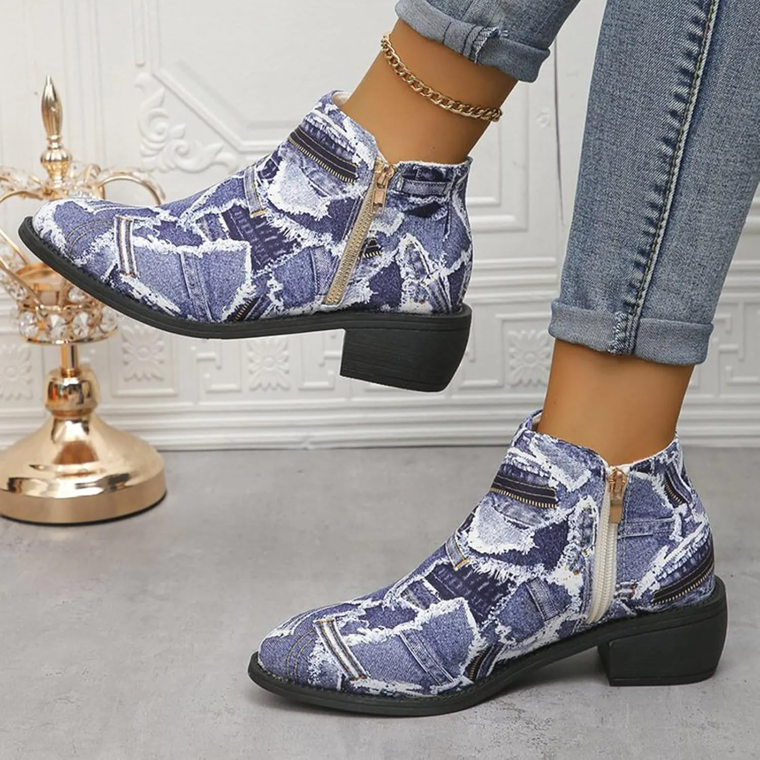 Women's Ankle Boot - Denim Ankle Boots for Women Western Vintage Zipper Pointe Toe Chunky Low Heel Booties Canvas Slip On Fashion Classic Short Boots Fall Winter Dress Shoes