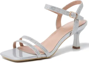 Women's Ankle Strap Low Kitten Heel Square Open Toe Strappy Heeled Sandals Party Dress Wedding Dance Shoes