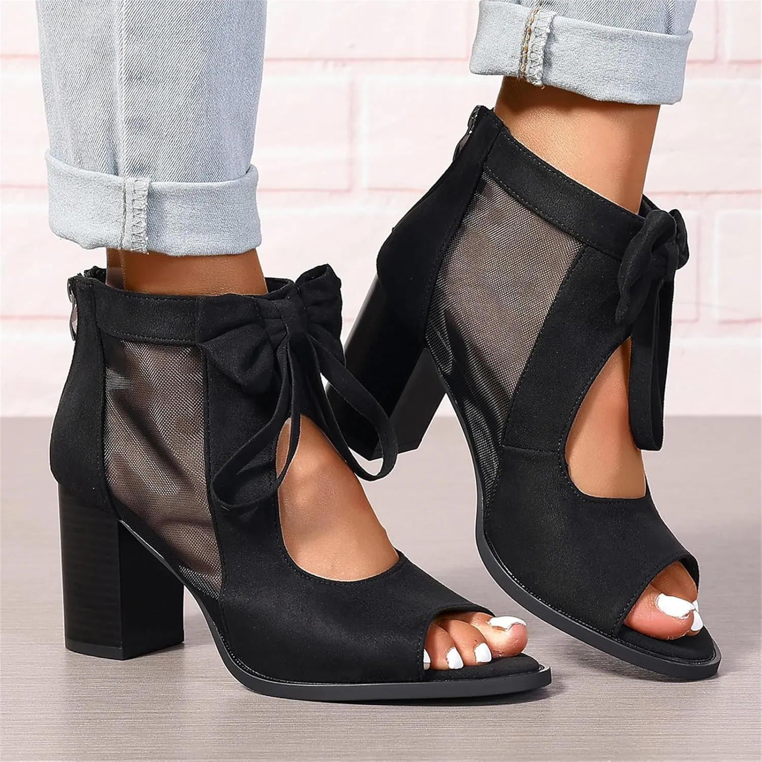 Women's Black Stacked Heeled Cutout Sandals Ankle Buckle Chunky Heel Open Toe Booties Summer Fashion Dress Block Heel Sandal