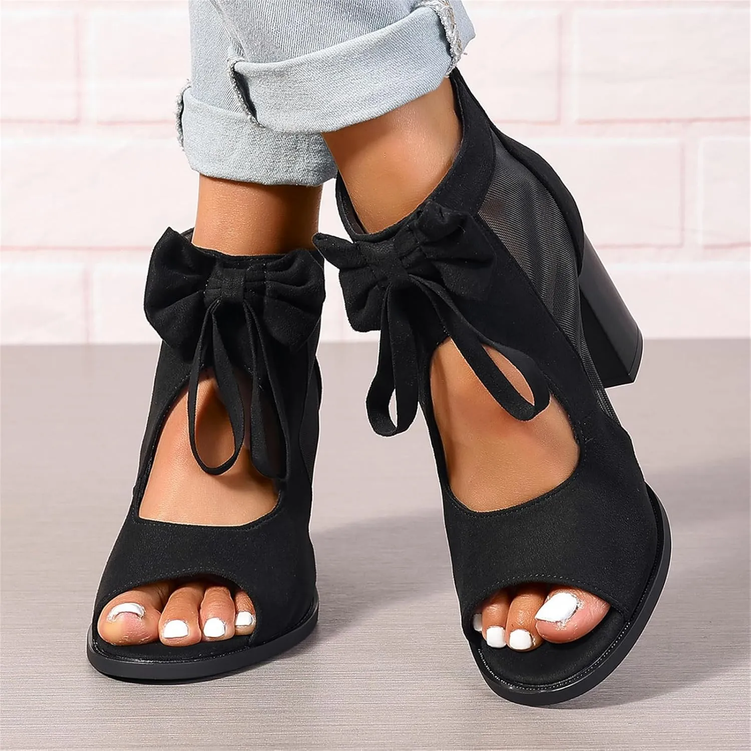Women's Black Stacked Heeled Cutout Sandals Ankle Buckle Chunky Heel Open Toe Booties Summer Fashion Dress Block Heel Sandal