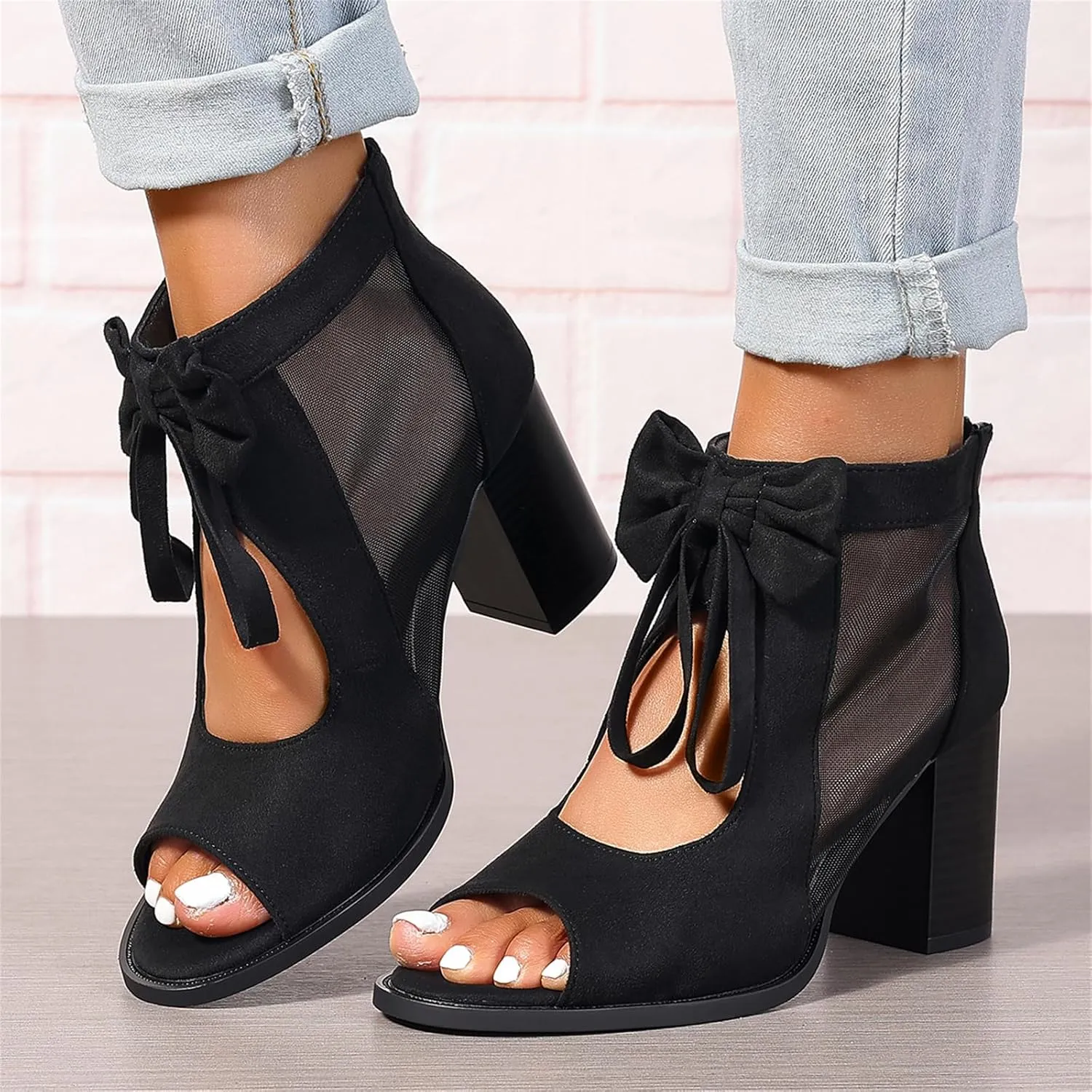 Women's Black Stacked Heeled Cutout Sandals Ankle Buckle Chunky Heel Open Toe Booties Summer Fashion Dress Block Heel Sandal