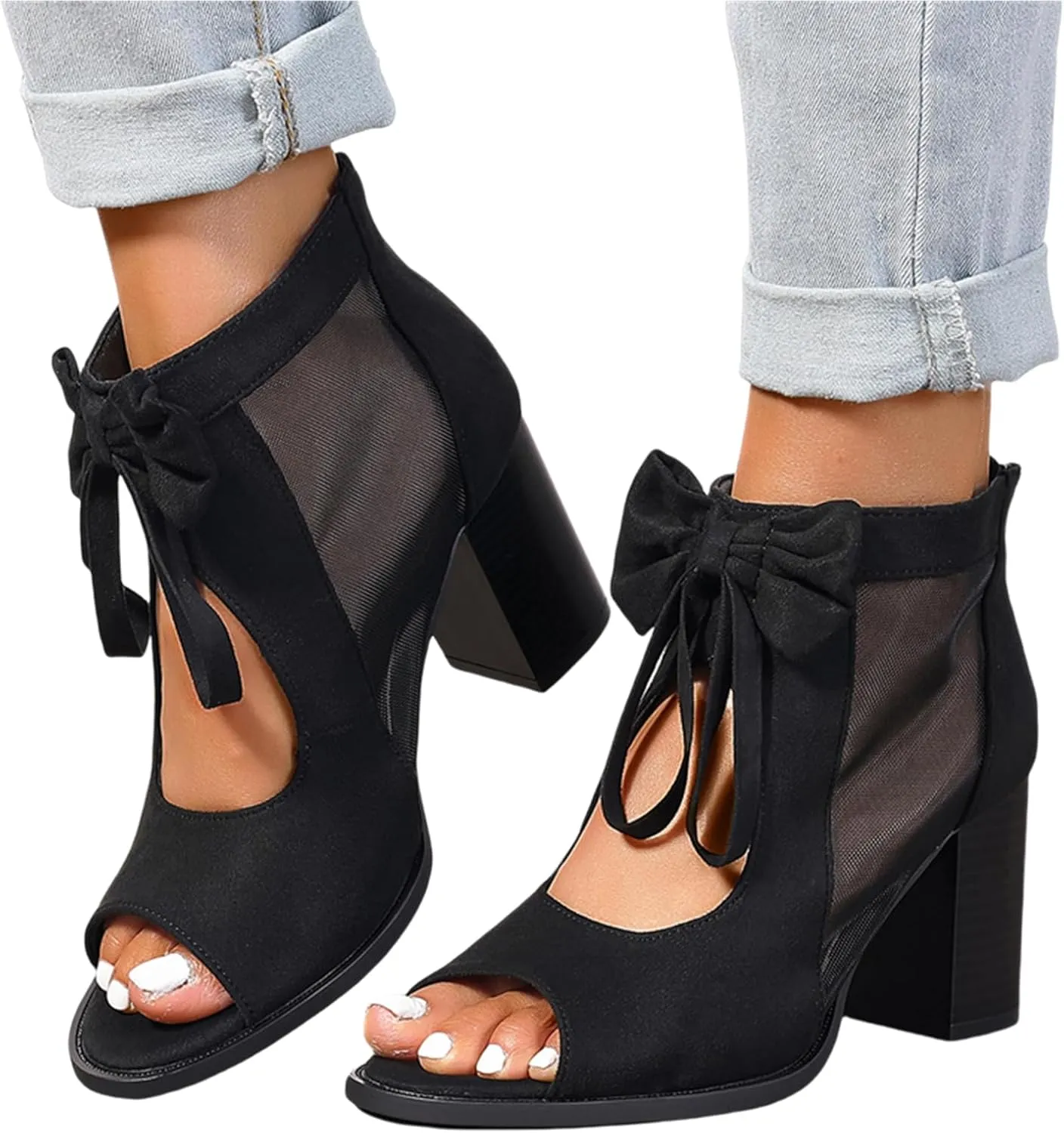 Women's Black Stacked Heeled Cutout Sandals Ankle Buckle Chunky Heel Open Toe Booties Summer Fashion Dress Block Heel Sandal