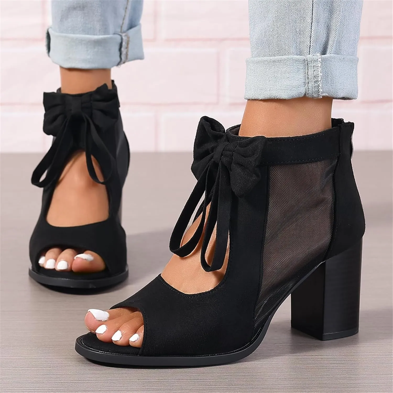 Women's Black Stacked Heeled Cutout Sandals Ankle Buckle Chunky Heel Open Toe Booties Summer Fashion Dress Block Heel Sandal