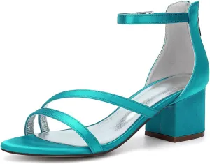 Women's Block Heel Wedding Shoes for Bride Women Open Toe Satin Chunky Heeled Bridal Sandals