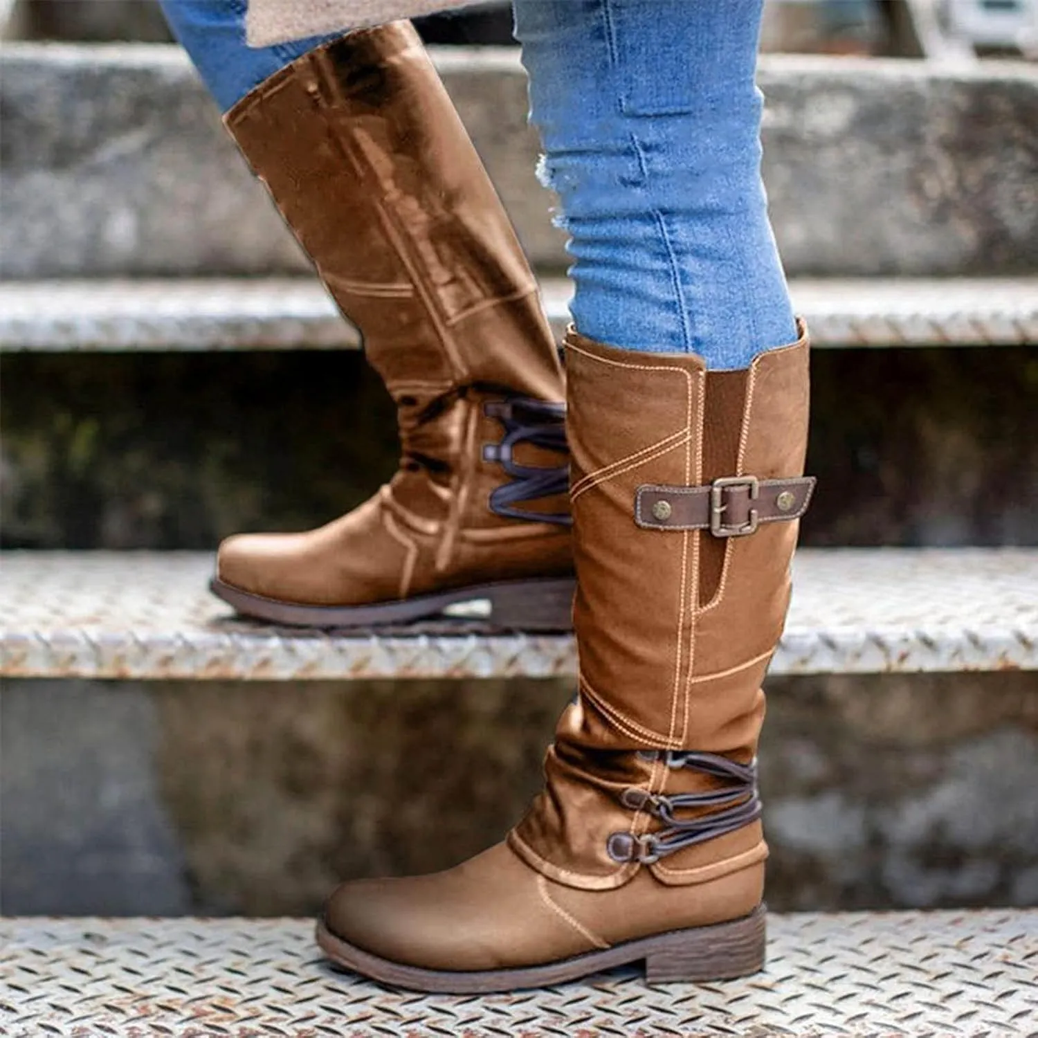 Women's Boots with Laces Heel Fashion Color Boots Waterproof Zipper Side High Boots women's boots Boots for Women without Heel