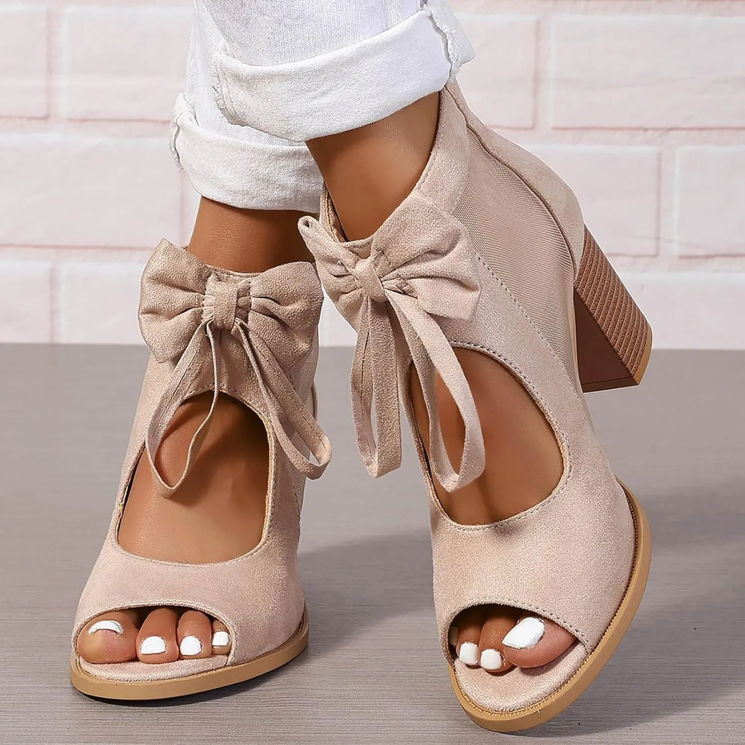 Women's Bow Knit Chunky Block High Heels Sandals 2025 Fashionable Open Toe Hollow Out Solid Color Summer Heels Sandals Breathable Comfortable Sexy Lace Up Ankle Booties