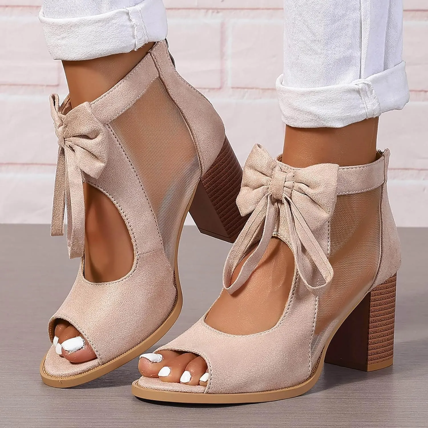 Women's Bow Knit Chunky Block High Heels Sandals 2025 Fashionable Open Toe Hollow Out Solid Color Summer Heels Sandals Breathable Comfortable Sexy Lace Up Ankle Booties