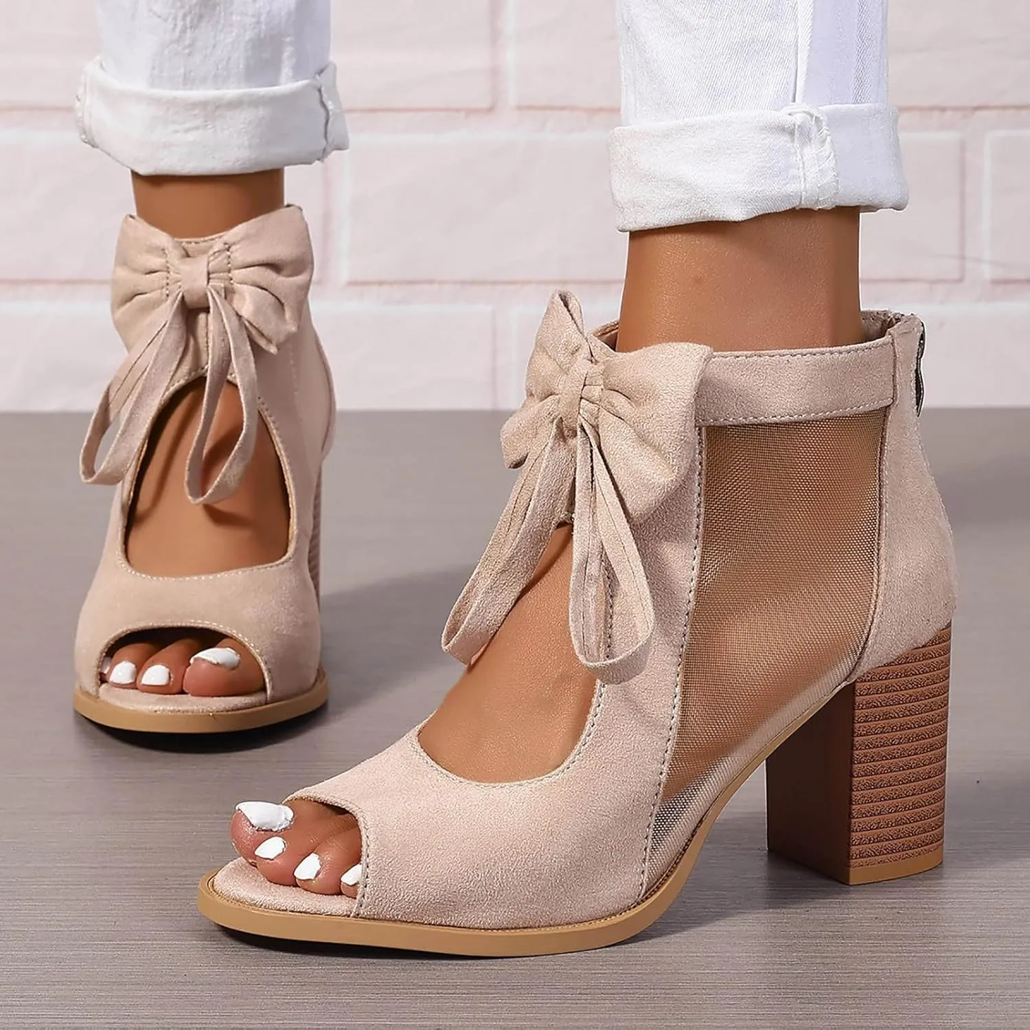 Women's Bow Knit Chunky Block High Heels Sandals 2025 Fashionable Open Toe Hollow Out Solid Color Summer Heels Sandals Breathable Comfortable Sexy Lace Up Ankle Booties