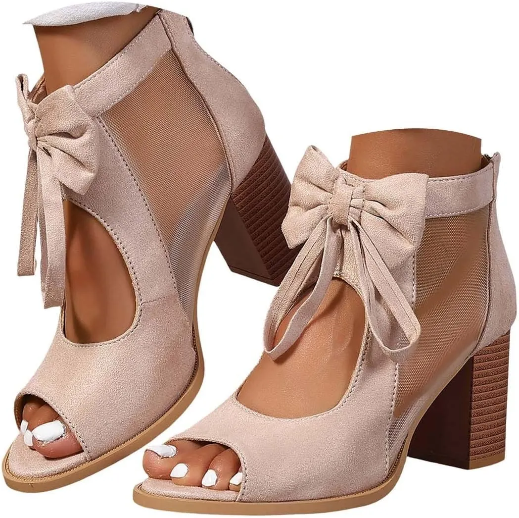 Women's Bow Knit Chunky Block High Heels Sandals 2025 Fashionable Open Toe Hollow Out Solid Color Summer Heels Sandals Breathable Comfortable Sexy Lace Up Ankle Booties