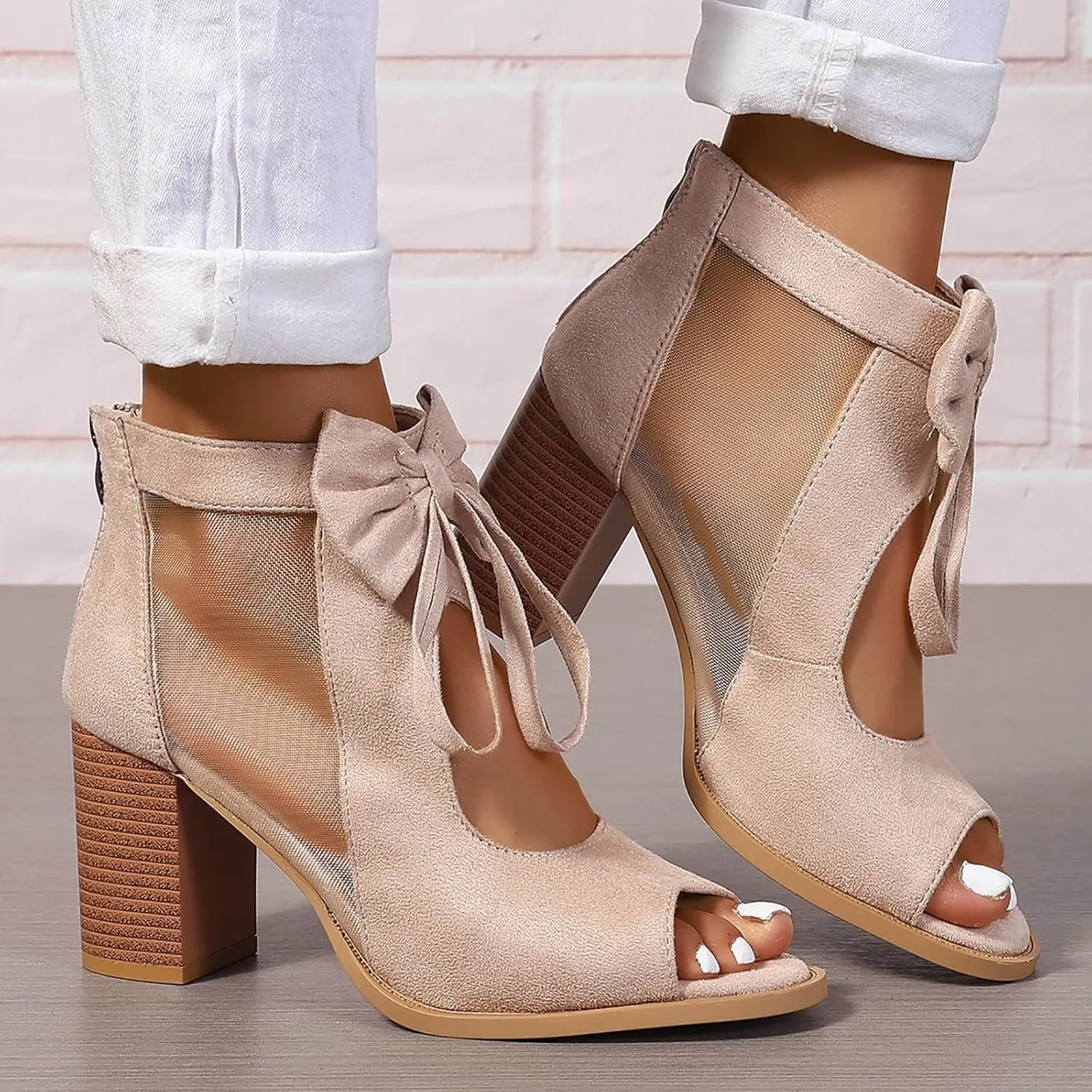 Women's Bow Knit Chunky Block High Heels Sandals 2025 Fashionable Open Toe Hollow Out Solid Color Summer Heels Sandals Breathable Comfortable Sexy Lace Up Ankle Booties