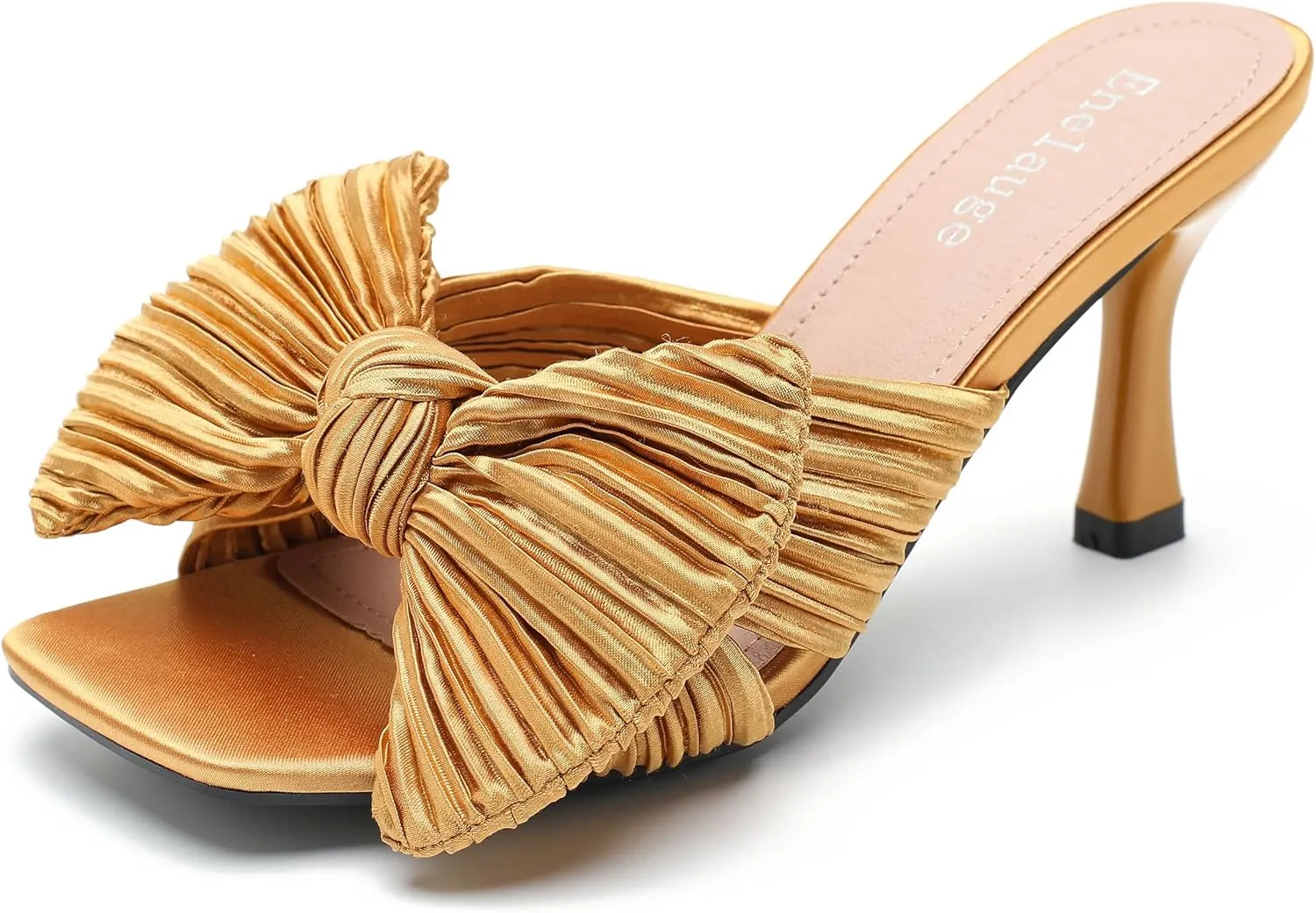 Women's Bow Knot Heeled Sandals Open Toe Low Kitten Heels Mules Sandals Slip On Pleated Wedding Bridal Party Dress Shoes