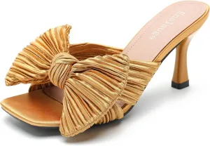 Women's Bow Knot Heeled Sandals Open Toe Low Kitten Heels Mules Sandals Slip On Pleated Wedding Bridal Party Dress Shoes