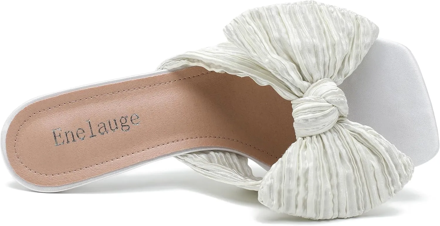 Women's Bow Knot Heeled Sandals Open Toe Low Kitten Heels Mules Sandals Slip On Pleated Wedding Bridal Party Dress Shoes