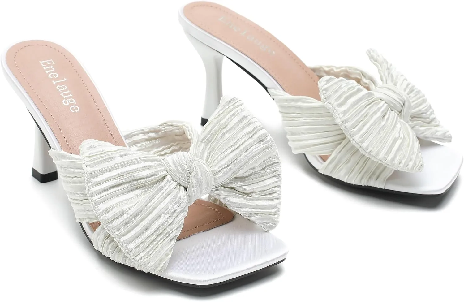 Women's Bow Knot Heeled Sandals Open Toe Low Kitten Heels Mules Sandals Slip On Pleated Wedding Bridal Party Dress Shoes