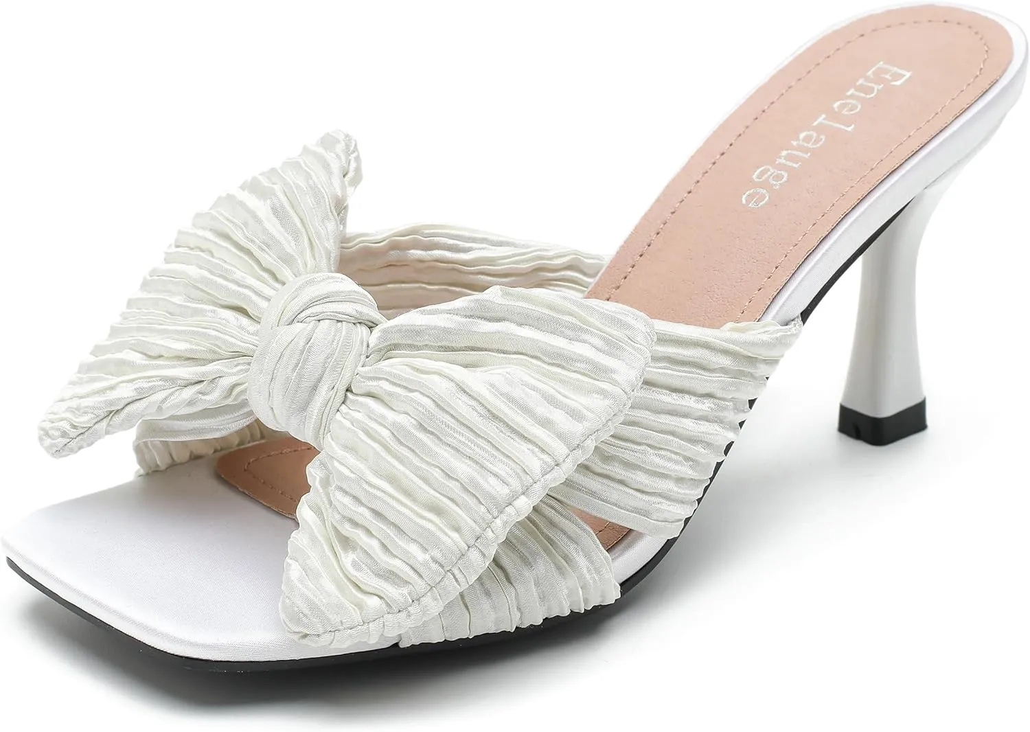 Women's Bow Knot Heeled Sandals Open Toe Low Kitten Heels Mules Sandals Slip On Pleated Wedding Bridal Party Dress Shoes
