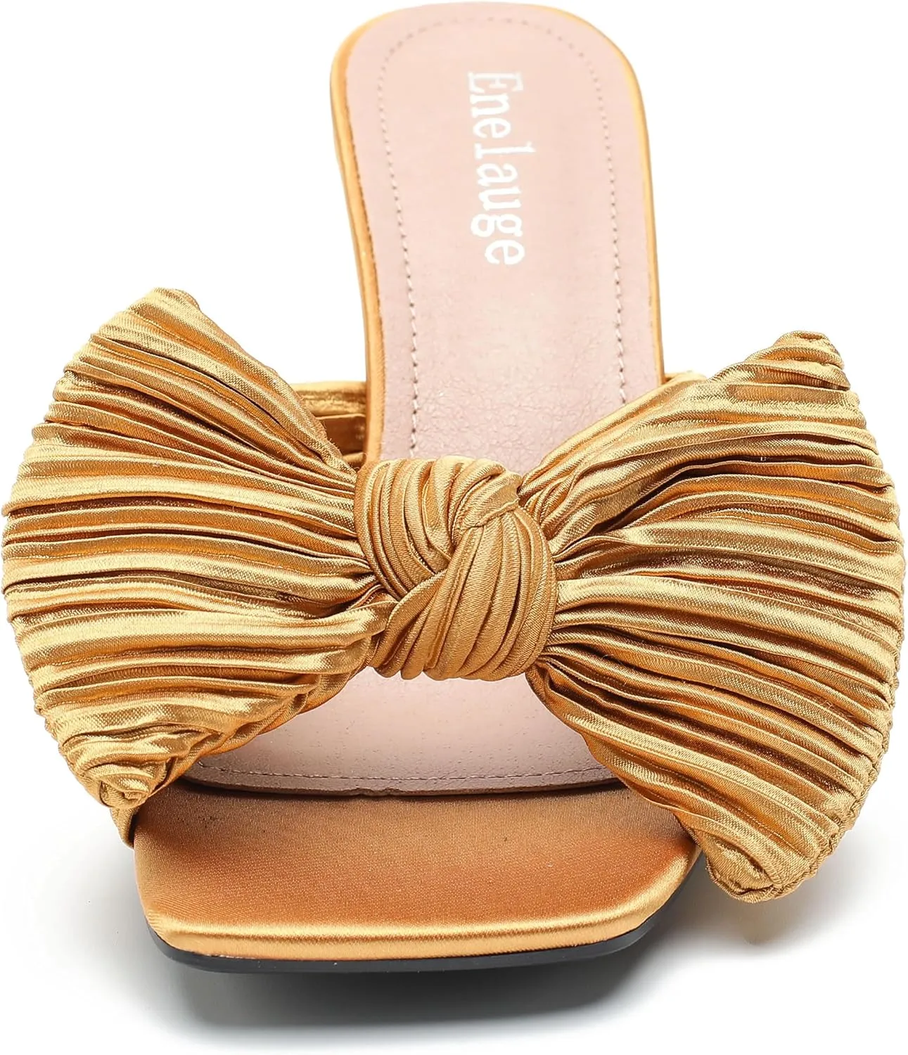 Women's Bow Knot Heeled Sandals Open Toe Low Kitten Heels Mules Sandals Slip On Pleated Wedding Bridal Party Dress Shoes