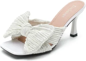 Women's Bow Knot Heeled Sandals Open Toe Low Kitten Heels Mules Sandals Slip On Pleated Wedding Bridal Party Dress Shoes
