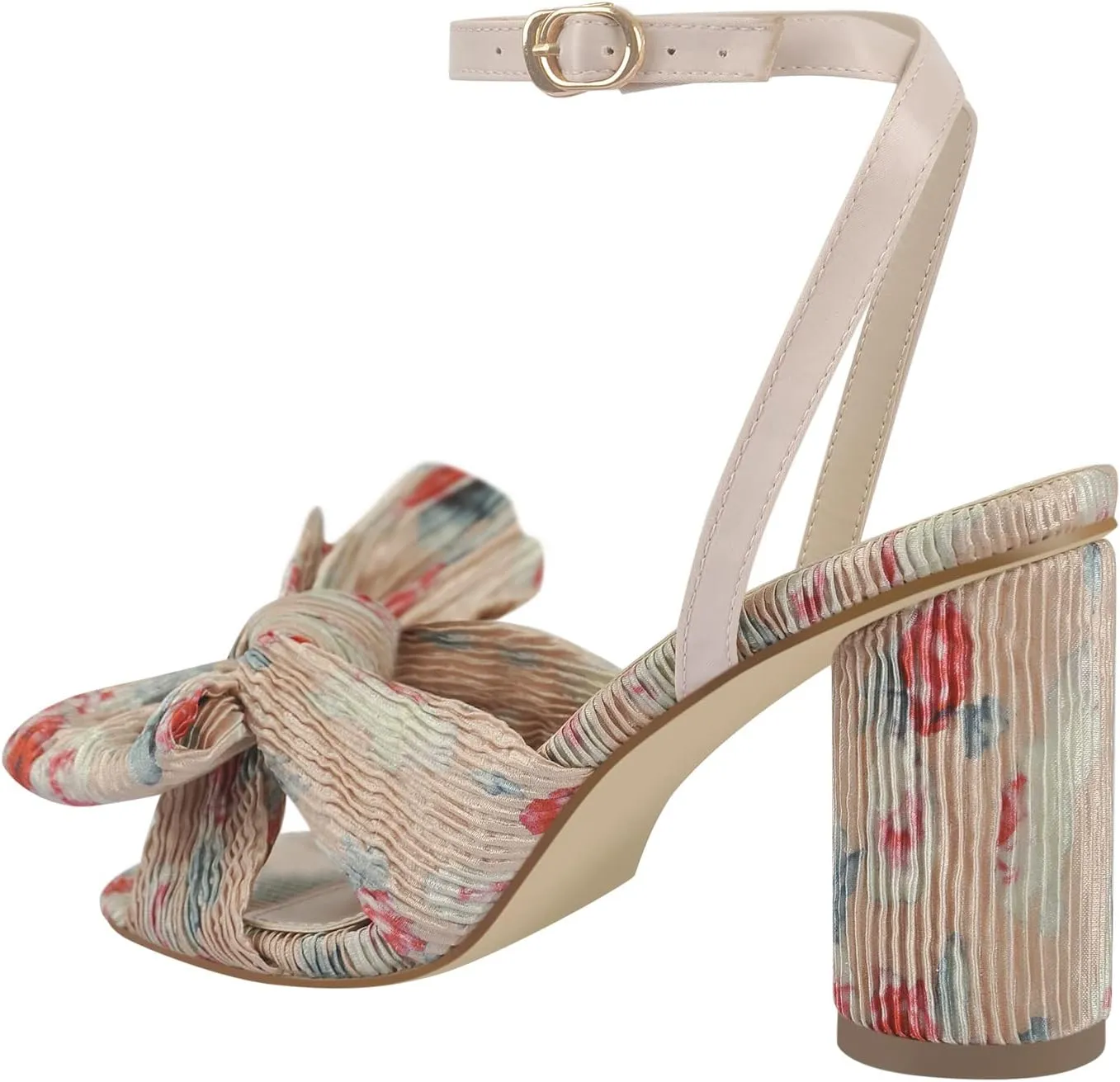 Women's Bowknots Chunky Heeled Sandals Open Toe Pleated Ankle Strap Bridal Wedding Block Heel Dressy Sandals