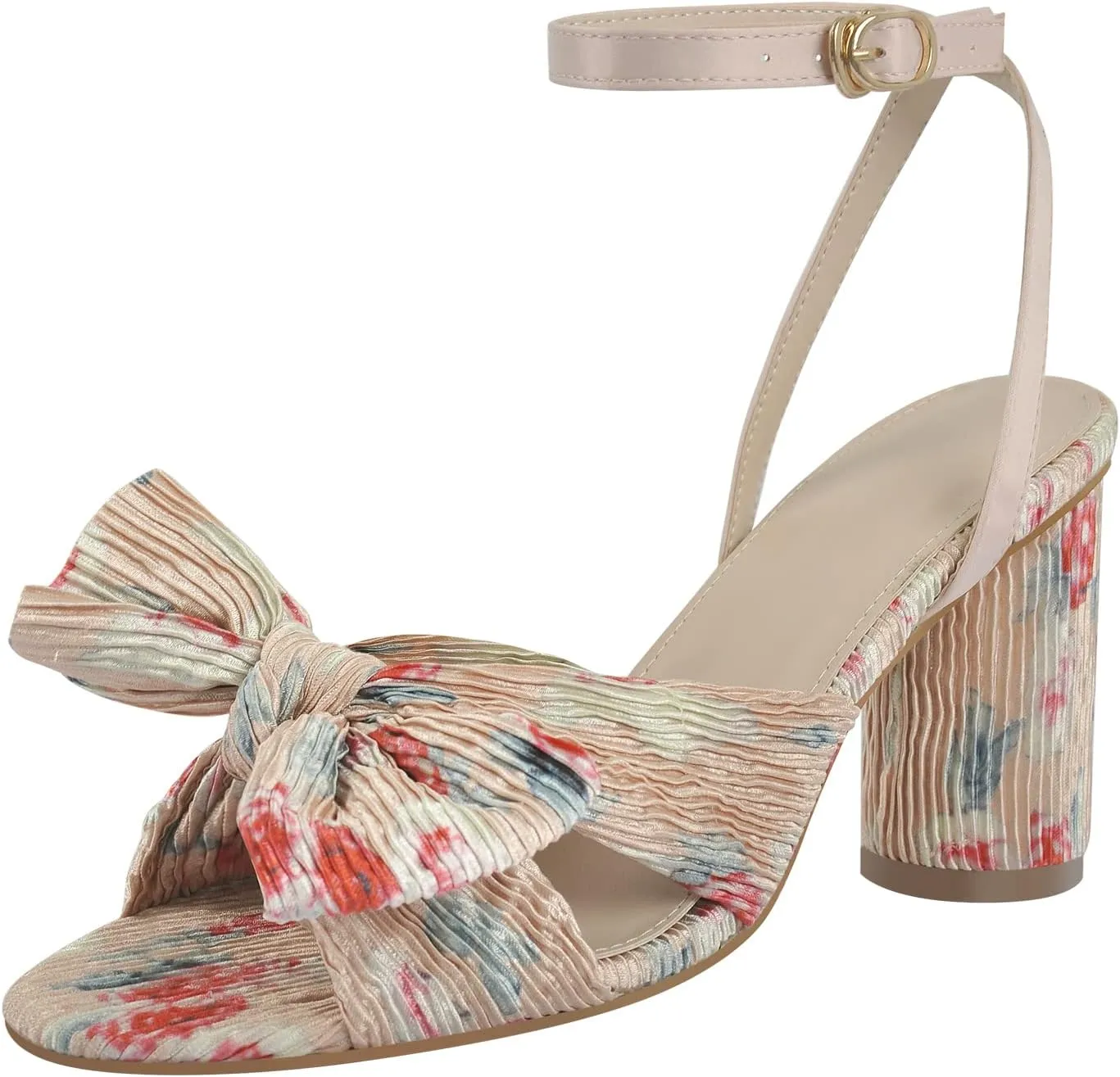 Women's Bowknots Chunky Heeled Sandals Open Toe Pleated Ankle Strap Bridal Wedding Block Heel Dressy Sandals