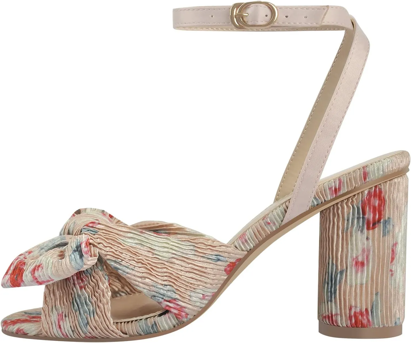 Women's Bowknots Chunky Heeled Sandals Open Toe Pleated Ankle Strap Bridal Wedding Block Heel Dressy Sandals