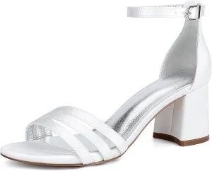 Women's Chunky Block Heel Sandals for Women Open Toe High Heel Satin Ankle Strap Bridal Shoes for Wedding