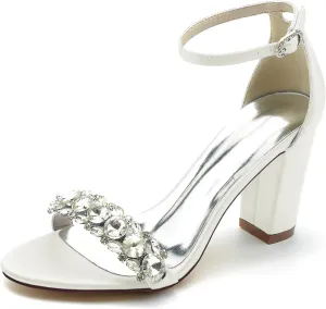 Women's Chunky High Block Heel Wedding Shoes for Bride Rhinestone Ankle Strap Bridal Heels Open Toe Wedding Heeled Sandals