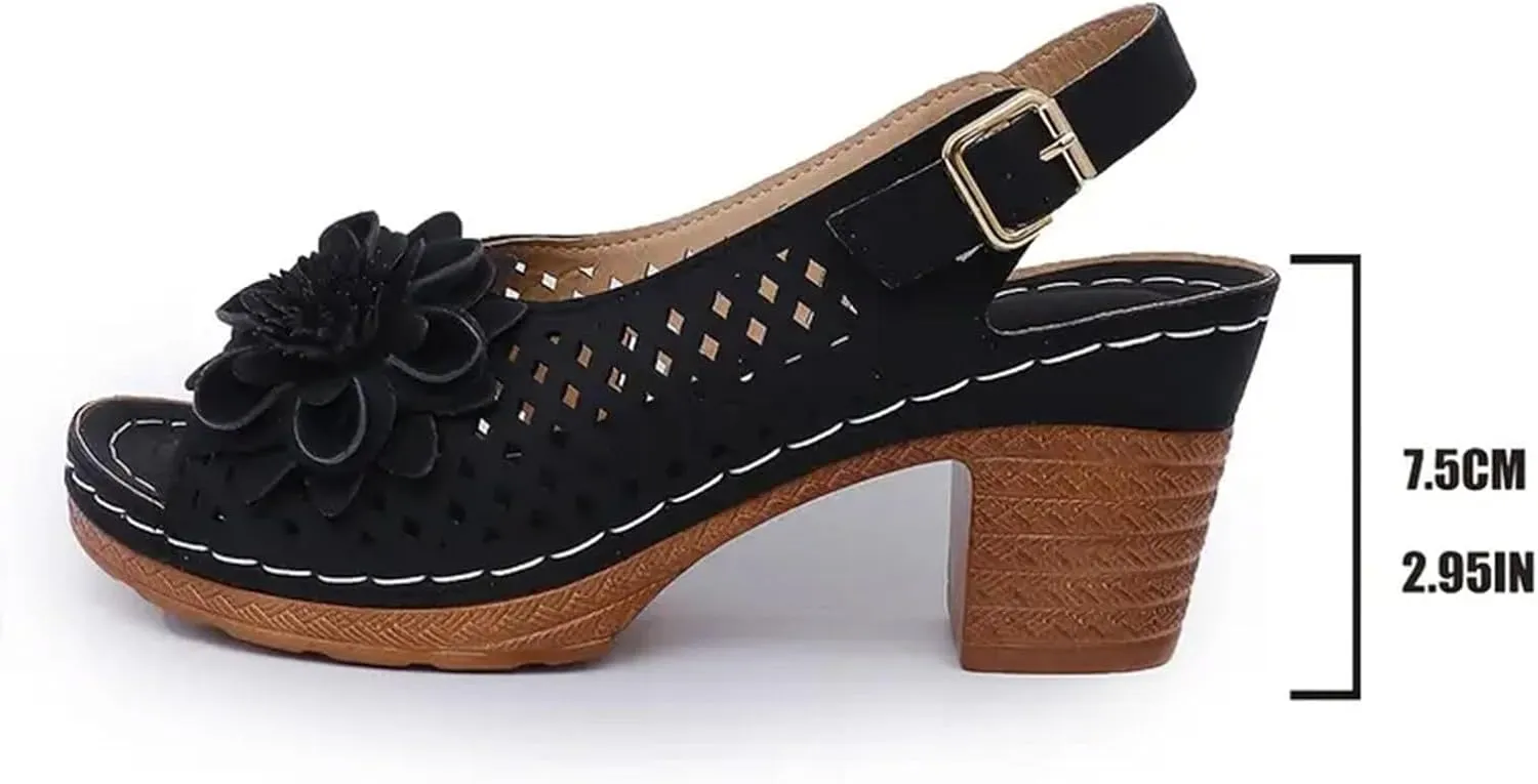 Womens Chunky High Block Heels Sandals 2025 Summer Fish Mouth Flowers Casual Ankle Strap Hollow Out Platform Wedge Open Toe Arch Support Casual Boho Sandal