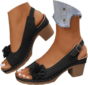 Womens Chunky High Block Heels Sandals 2025 Summer Fish Mouth Flowers Casual Ankle Strap Hollow Out Platform Wedge Open Toe Arch Support Casual Boho Sandal