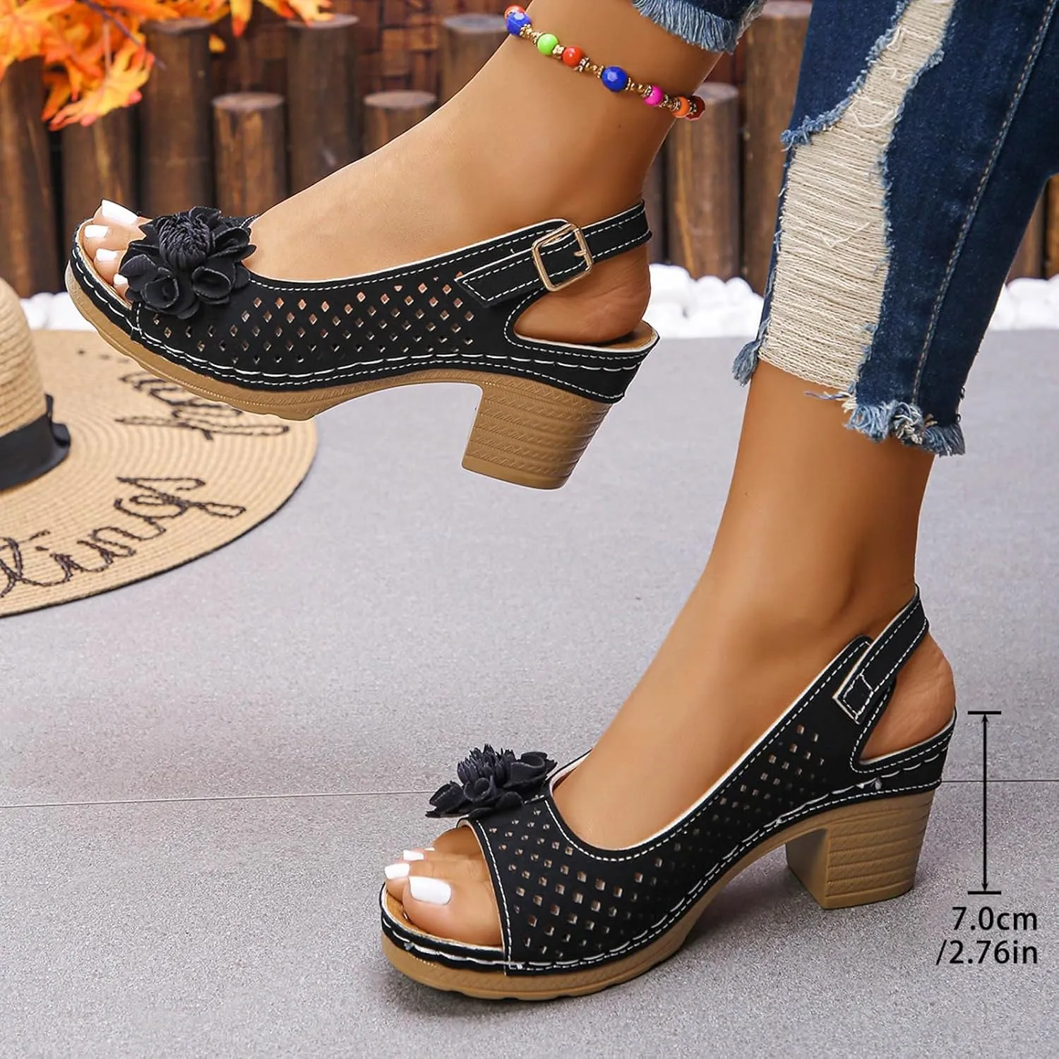 Womens Chunky High Block Heels Sandals 2025 Summer Fish Mouth Flowers Casual Ankle Strap Hollow Out Platform Wedge Open Toe Arch Support Casual Boho Sandal