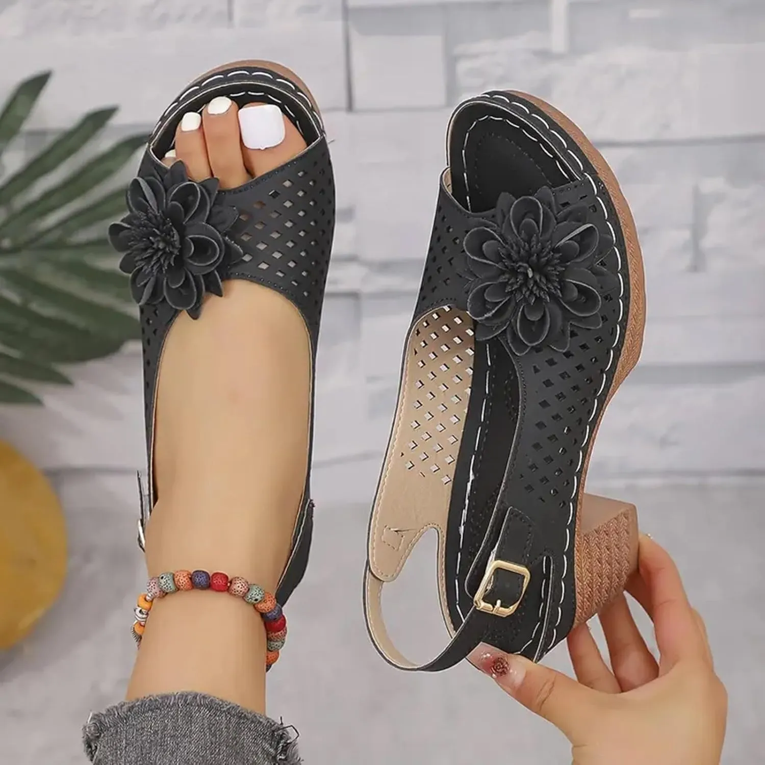Womens Chunky High Block Heels Sandals 2025 Summer Fish Mouth Flowers Casual Ankle Strap Hollow Out Platform Wedge Open Toe Arch Support Casual Boho Sandal
