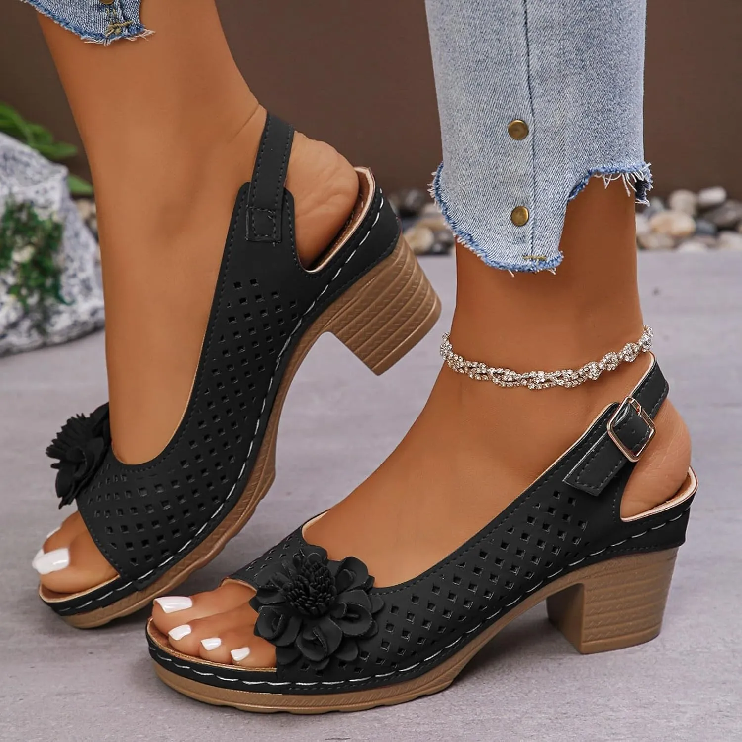 Womens Chunky High Block Heels Sandals 2025 Summer Fish Mouth Flowers Casual Ankle Strap Hollow Out Platform Wedge Open Toe Arch Support Casual Boho Sandal