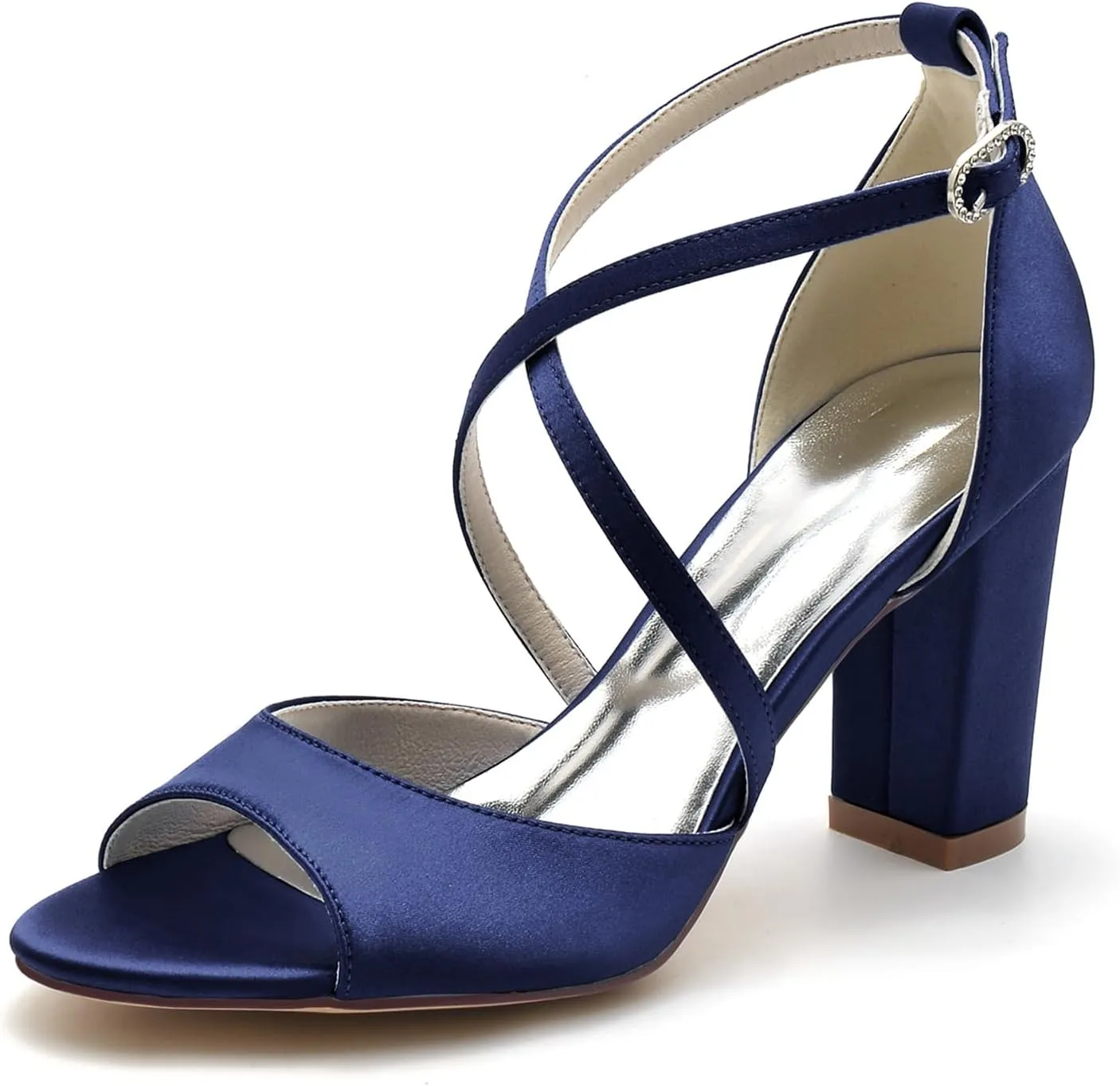 Women's Closed Toe Cross Strap Wedding Shoes for Bride Block Heel Bridal Shoes Satin Prom Party Dress Pumps
