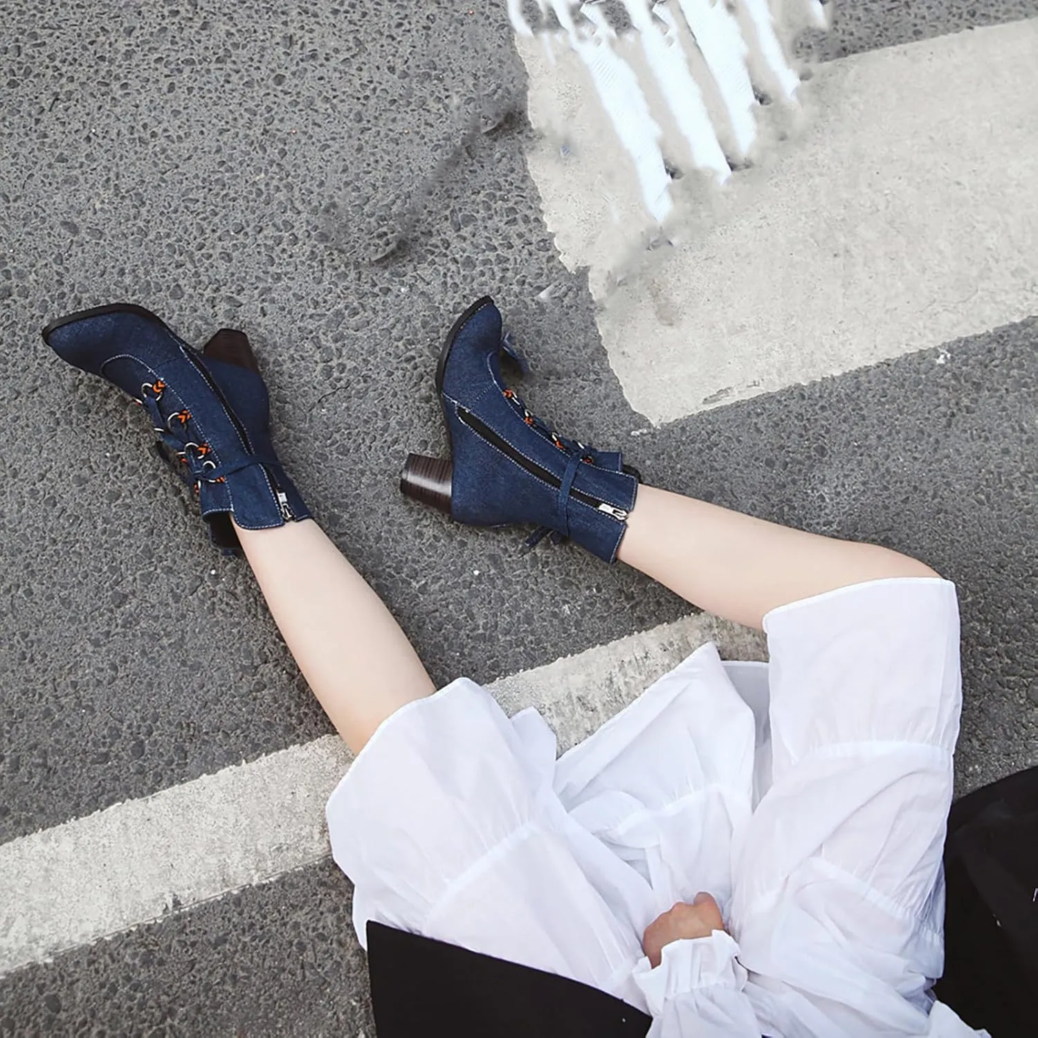 Women's Denim Lace up Mid-Calf Booties,Retro Chunky Heel Side Zipper Office Work Mid Heel Anti-Slip Bootie Winter Dress Chelsea Short Boots Classic Snow Boots