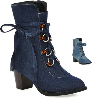 Women's Denim Lace up Mid-Calf Booties,Retro Chunky Heel Side Zipper Office Work Mid Heel Anti-Slip Bootie Winter Dress Chelsea Short Boots Classic Snow Boots