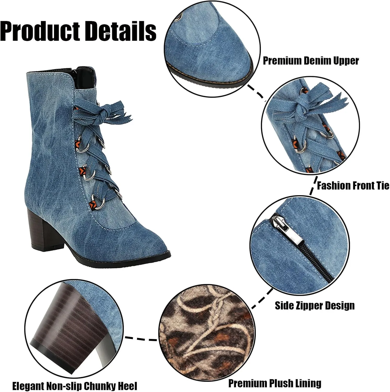Women's Denim Lace up Mid-Calf Booties,Retro Chunky Heel Side Zipper Office Work Mid Heel Anti-Slip Bootie Winter Dress Chelsea Short Boots Classic Snow Boots