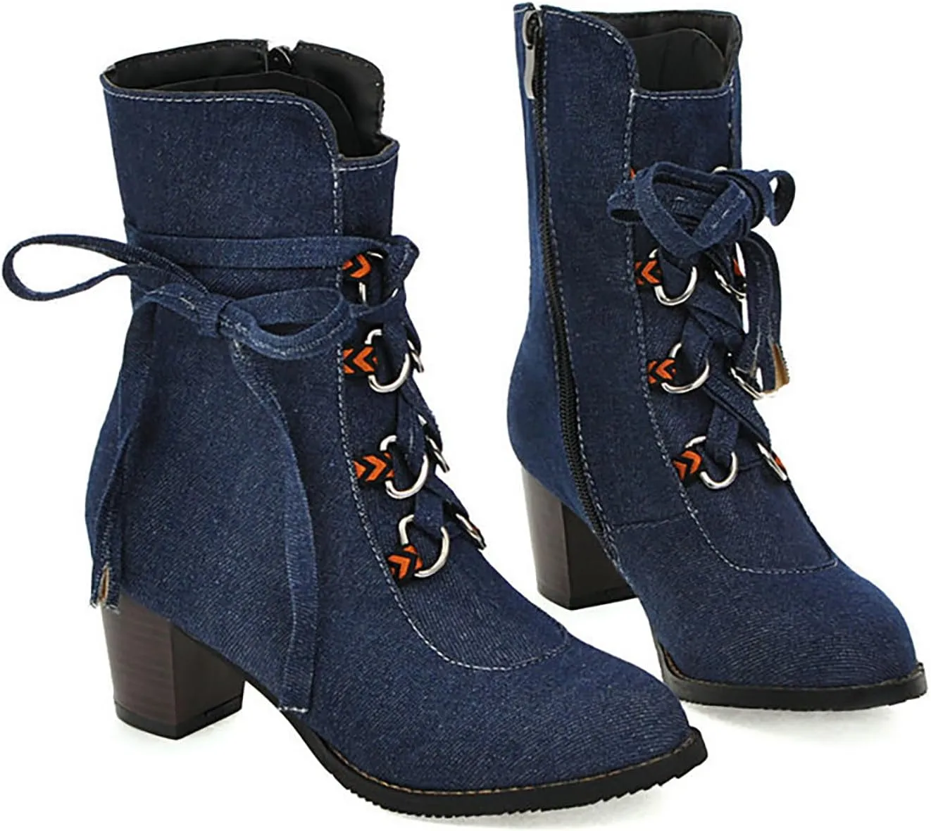 Women's Denim Lace up Mid-Calf Booties,Retro Chunky Heel Side Zipper Office Work Mid Heel Anti-Slip Bootie Winter Dress Chelsea Short Boots Classic Snow Boots