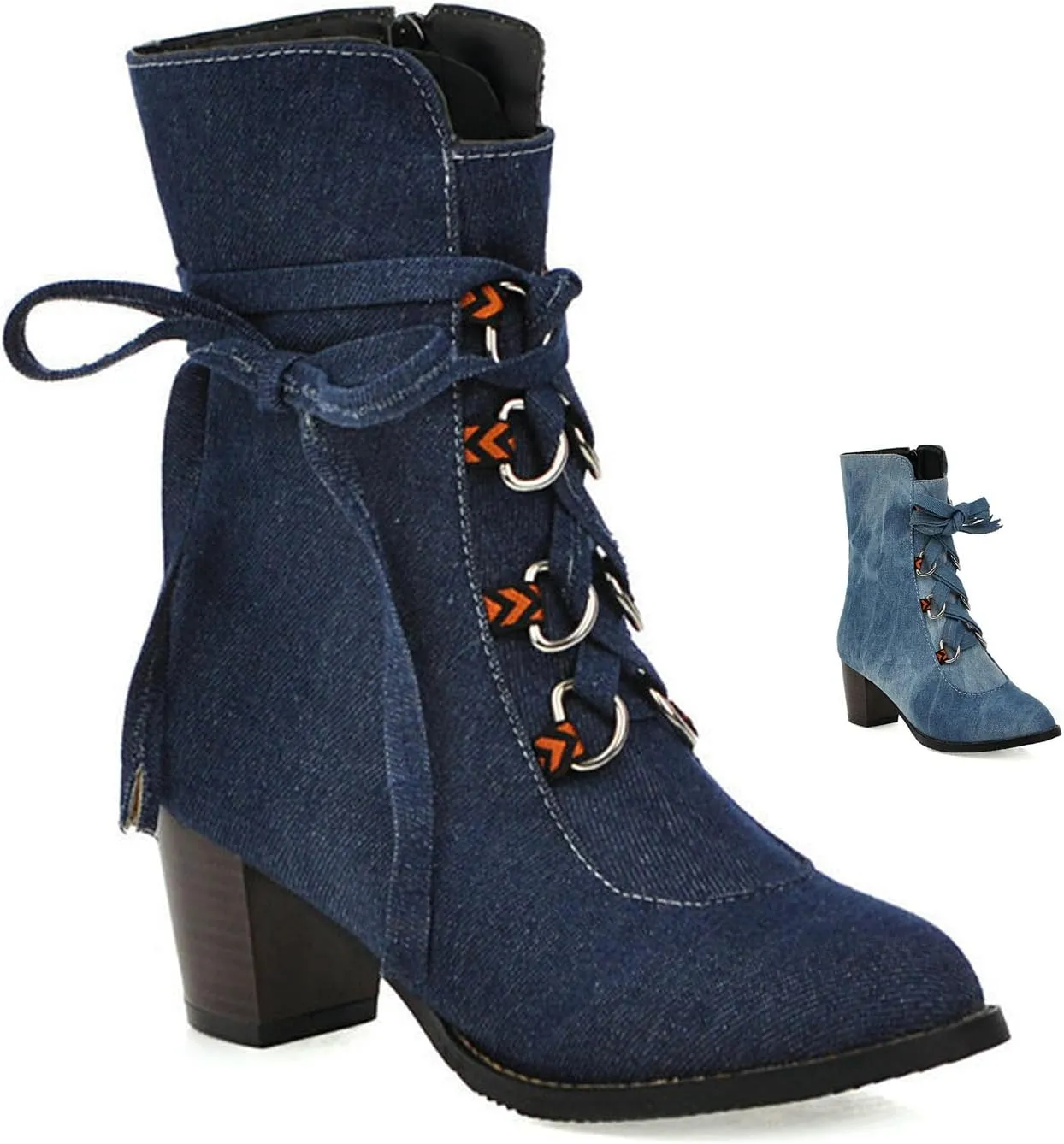 Women's Denim Lace up Mid-Calf Booties,Retro Chunky Heel Side Zipper Office Work Mid Heel Anti-Slip Bootie Winter Dress Chelsea Short Boots Classic Snow Boots